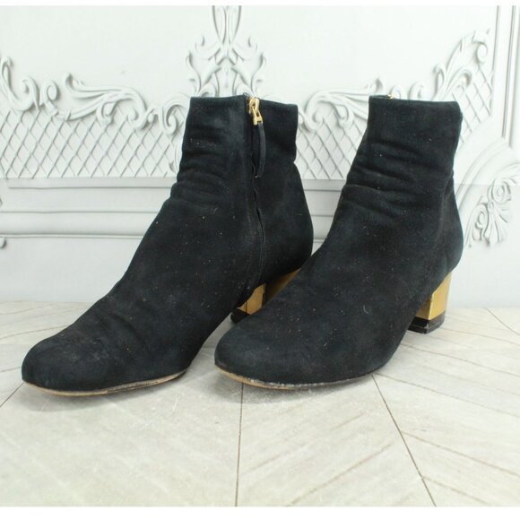 Fendi Women’s Black Suede Gold Heeled Side Zip Ankle Booties 37 / US 7 - Picture 3 of 9
